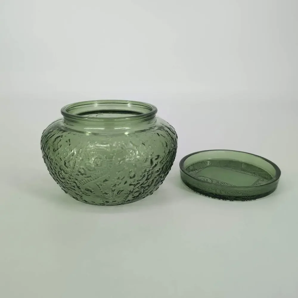 Empty Avocado Dark Green Candle Jar Container Bowl with Matching Glass Lid - GUC